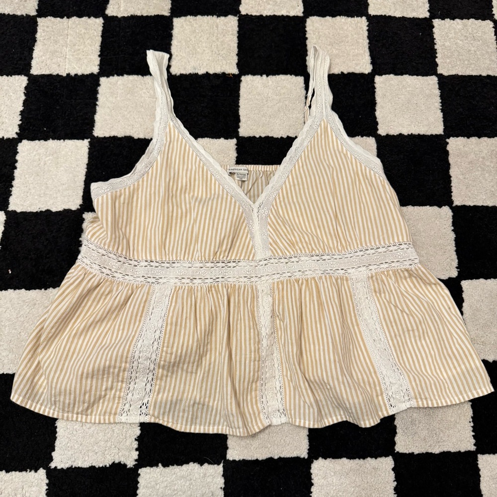 American Eagle Beige and White Striped Lace Trim Cropped Baby Doll Top